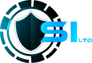 A blue and black logo for the security industry.